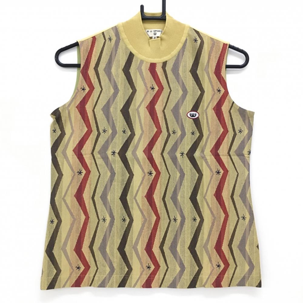 【新品】MUスポーツ ノースリーブハイネックシャツ スモーキーイエロー×レッド 前面総柄 レディース 40(M) ゴルフウェア M・U SPORTS