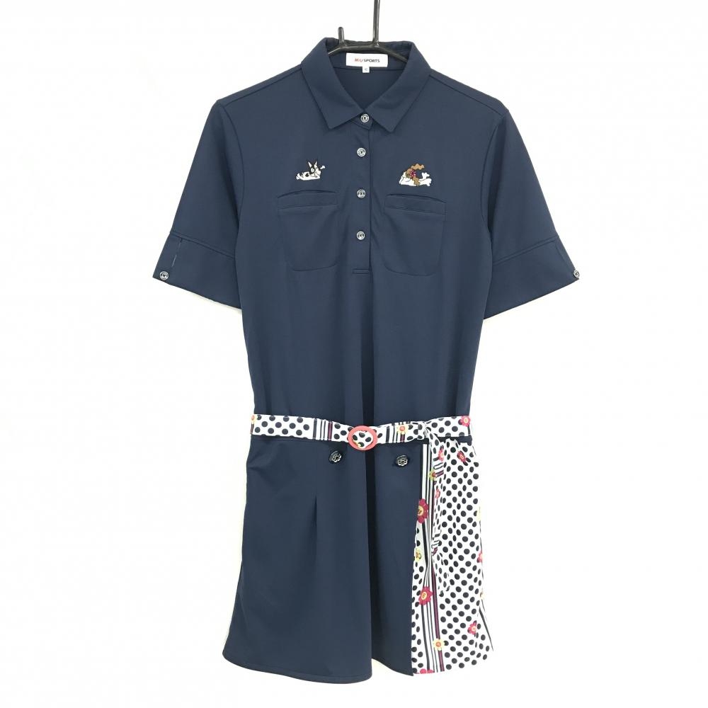 【美品】MUスポーツ 半袖ポロワンピース ネイビー×白 一部ドット 花柄  レディース 42(L) ゴルフウェア M・U SPORTS