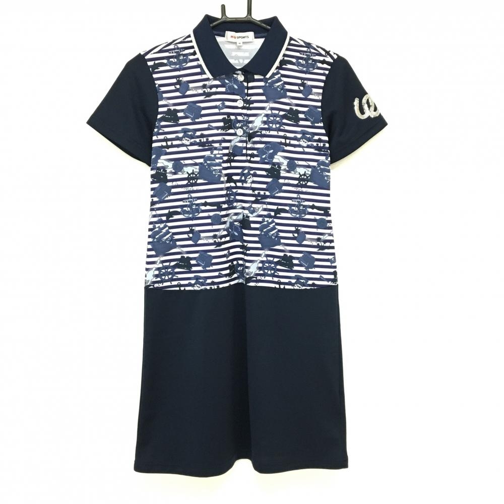 【美品】MUスポーツ 半袖ポロワンピース ネイビー×白 上部ボーダー 袖スパンコール レディース 40(M) ゴルフウェア M・U SPORTS