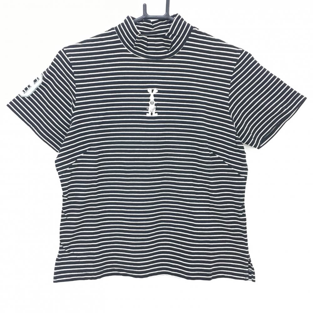 【超美品】MUスポーツ 半袖ハイネックシャツ 黒×白 ボーダー コットン混 レディース 40(M) ゴルフウェア M・U SPORTS