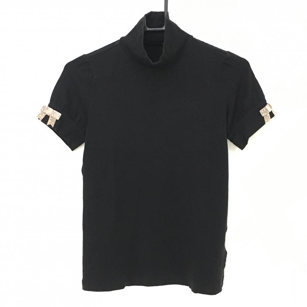 【美品】ミエコウエサコ 半袖ハイネックシャツ 黒 袖リボン付き ラインストーン MUスポーツ レディース 40(M) ゴルフウェア M・U SPORTS