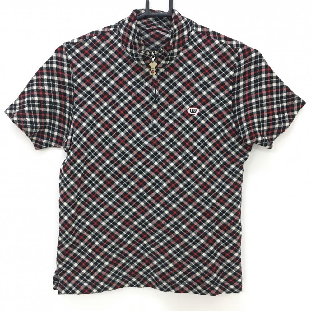 【超美品】ミエコウエサコ 半袖ハイネックシャツ 黒×白×レッド チェック ハーフジップ レディース 40(M) ゴルフウェア M・U SPORTS
