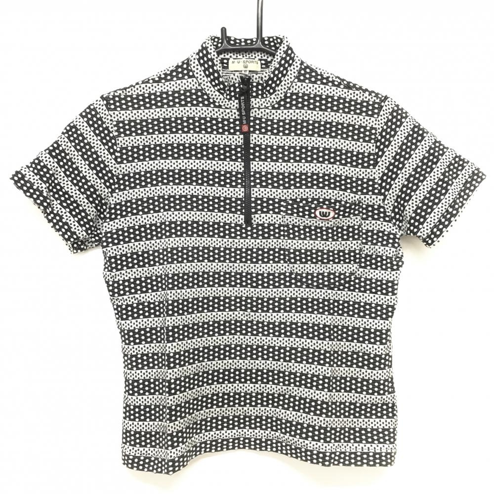 MUスポーツ 半袖ハイネックシャツ 黒×白 ドット ハーフジップ 綿100％ レディース 40(M) ゴルフウェア M・U SPORTS