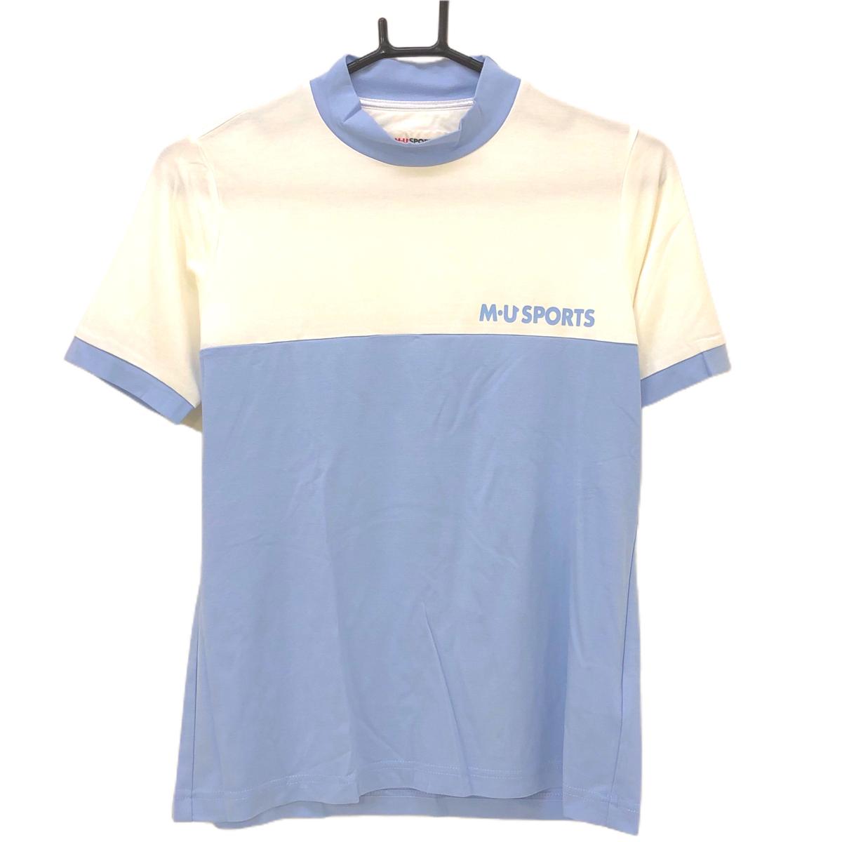 【超美品】MUスポーツ 半袖ハイネックシャツ 白×ライトブルー 胸元ロゴ バイカラー レディース 42(L) ゴルフウェア M・U SPORTS
