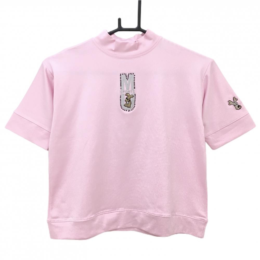 【美品】MUスポーツ 半袖ハイネックシャツ ピンク 胸刺しゅう ショート丈 レディース  ゴルフウェア M・U SPORTS