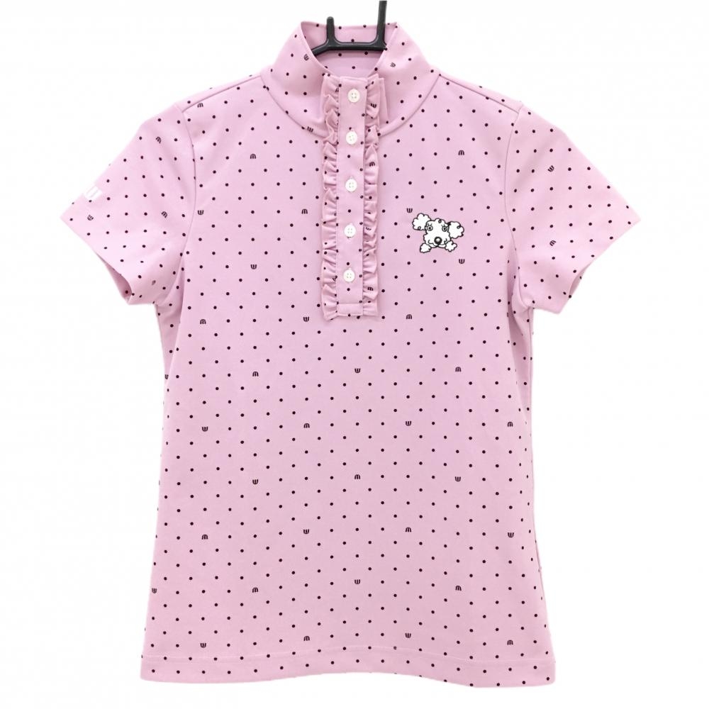 【超美品】MUスポーツ 半袖ハイネックシャツ ピンク×黒 ドット ボタン フリル レディース 40(M) ゴルフウェア M・U SPORTS