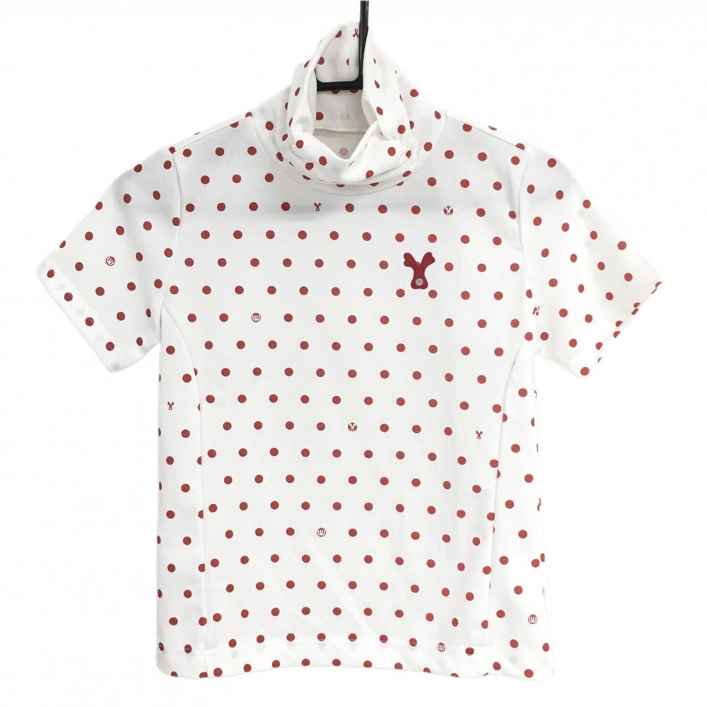 【超美品】MUスポーツ 半袖ハイネックシャツ 白×レッド ドット  レディース 38(M) ゴルフウェア M・U SPORTS