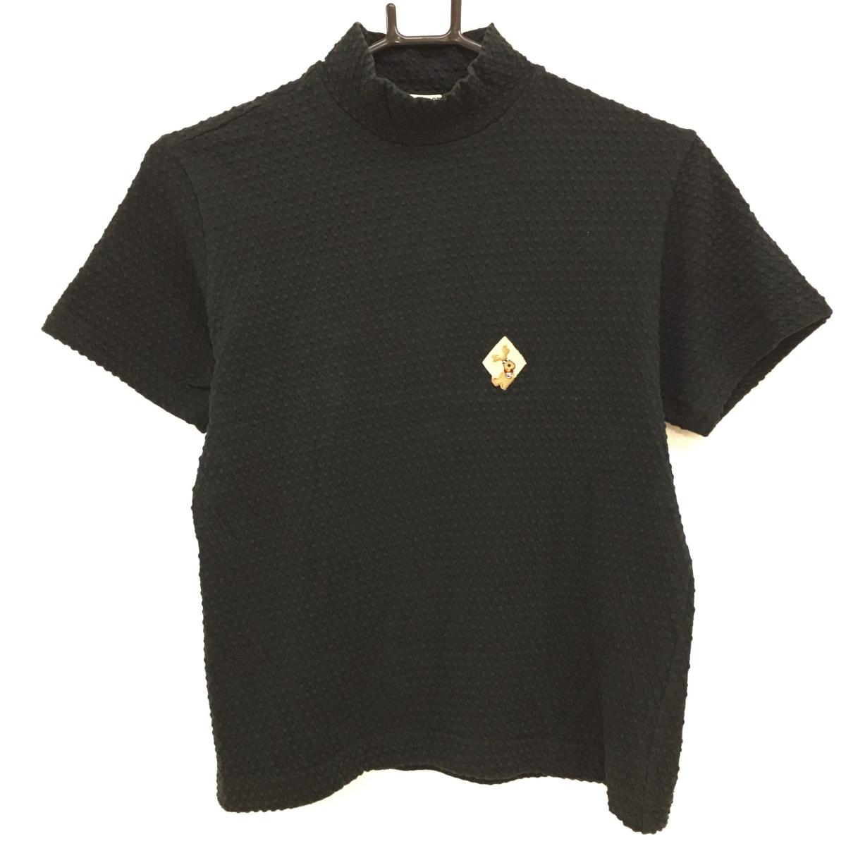 【美品】MUスポーツ 半袖ハイネックシャツ 黒 ドット織生地 犬ワッペン レディース F ゴルフウェア M・U SPORTS