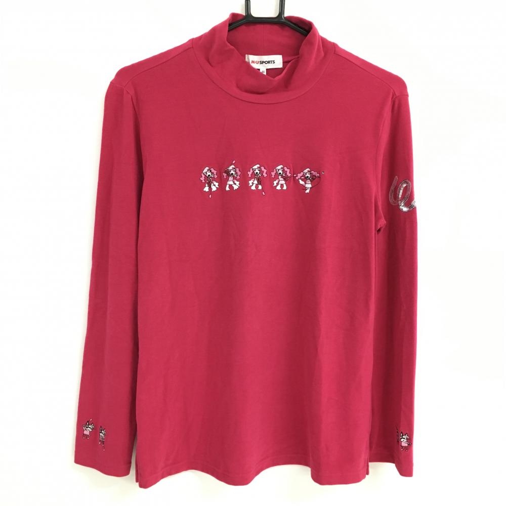 【新品】MUスポーツ 長袖ハイネックシャツ ピンク 犬刺しゅう 表微起毛 保温 レディース 44(XL ) ゴルフウェア M・U SPORTS