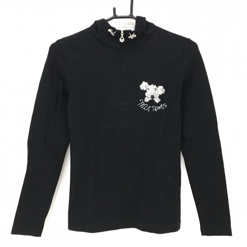【超美品】MUスポーツ 長袖ハイネックシャツ 黒×シルバー ハーフジップ 飾りフード スパンコール レディース M ゴルフウェア M・U SPORTS