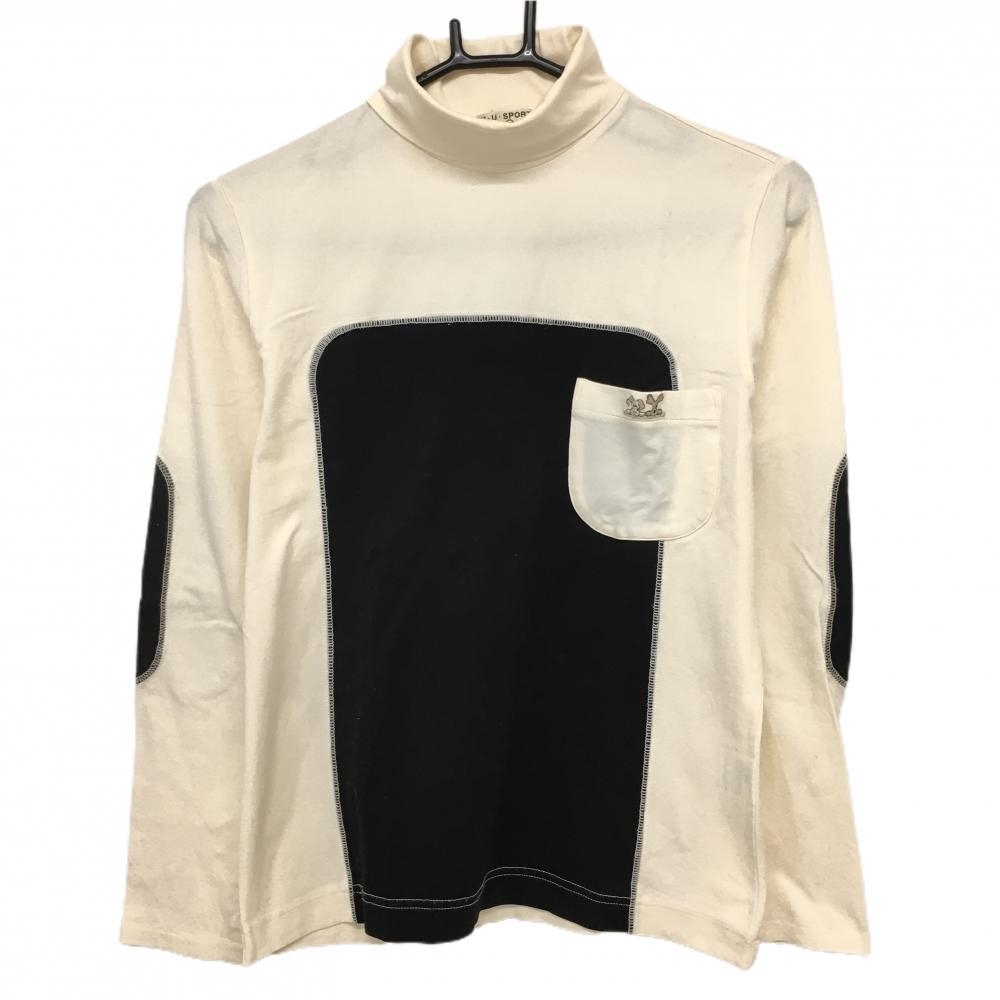 【美品】MUスポーツ 長袖タートルネックシャツ アイボリー×黒 イヌ刺しゅう 胸ポケット レディース 40(M) ゴルフウェア M・U SPORTS