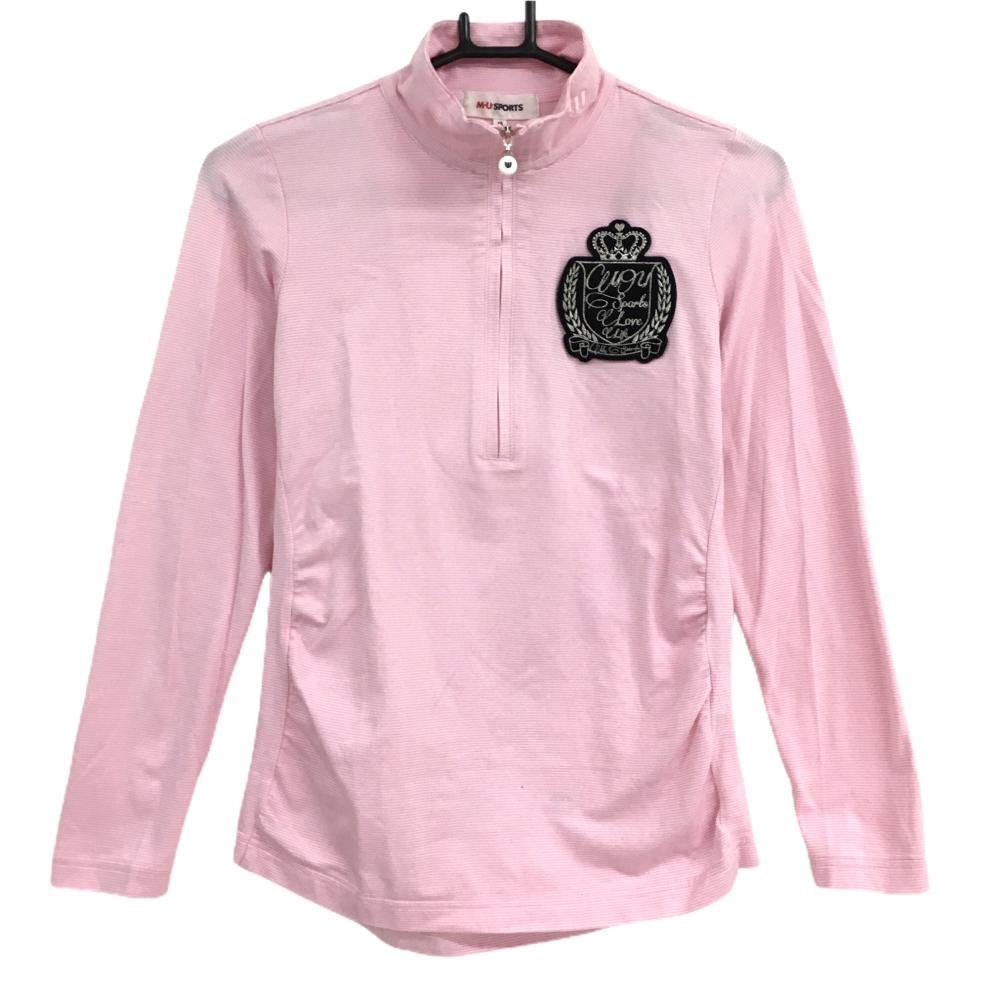 【美品】MUスポーツ 長袖ハイネックシャツ ピンク×白 細ボーダー ハーフジップ  レディース 40(M) ゴルフウェア M・U SPORTS