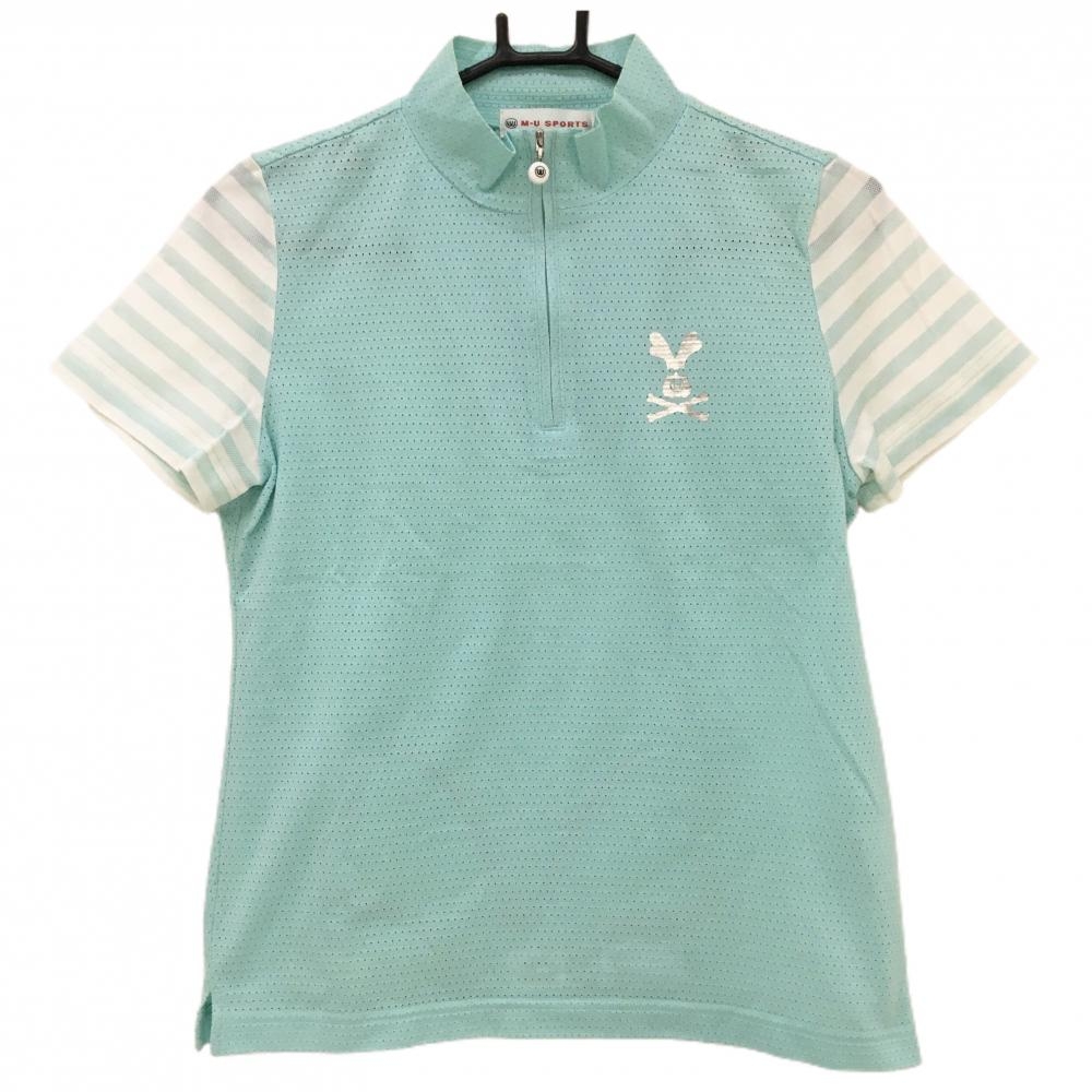 MUスポーツ 長袖ハイネックシャツ ライトグリーン×白 身頃メッシュ 袖ボーダー レディース 40(M) ゴルフウェア M・U SPORTS
