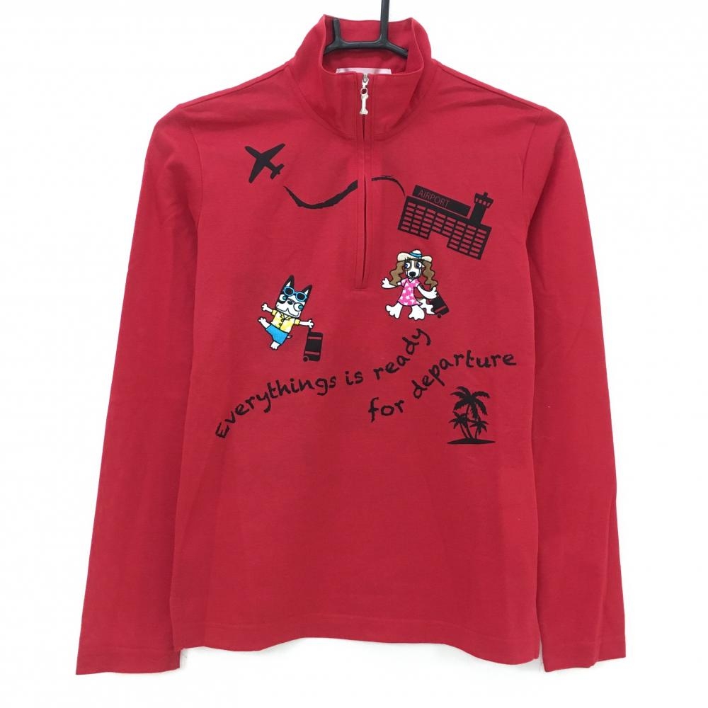 【超美品】MUスポーツ 長袖ハイネックシャツ レッド×黒 ハーフジップ ドッグ レディース 40(M) ゴルフウェア M・U SPORTS