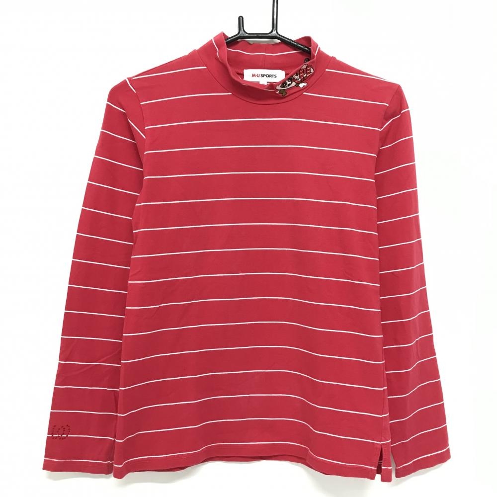 【美品】MUスポーツ 長袖ハイネックシャツ レッド×白 ボーダー ネックロゴ レディース 40(M) ゴルフウェア M・U SPORTS