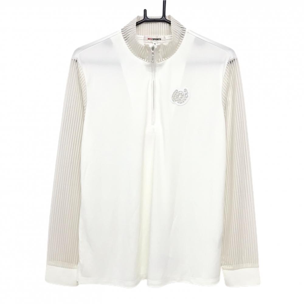 【新品】MUスポーツ 長袖ハイネックシャツ 白 ハーフジップ ネック・袖透け感ストライプ レディース 44(XL) ゴルフウェア M・U SPORTS
