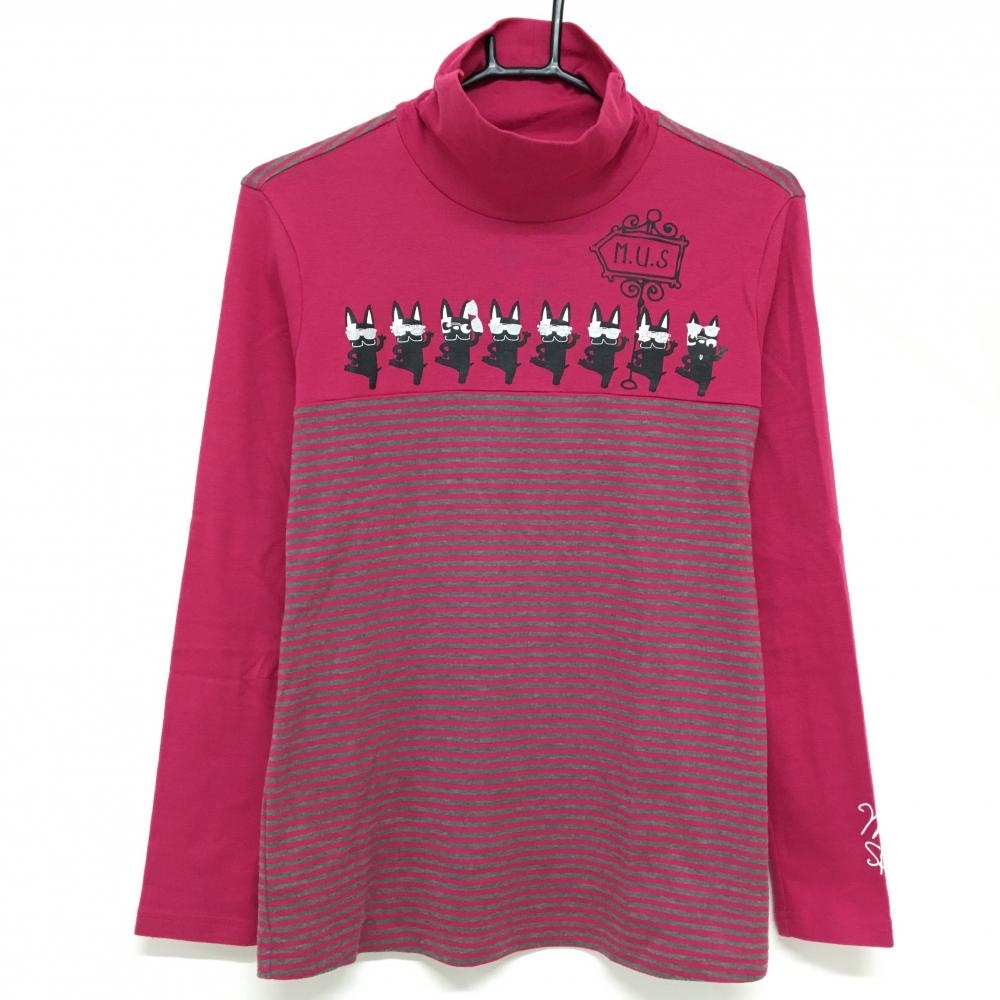 【美品】MUスポーツ 長袖ハイネックシャツ ピンク×グレー 下部・背面ボーダー レディース 44(XL) ゴルフウェア M・U SPORTS
