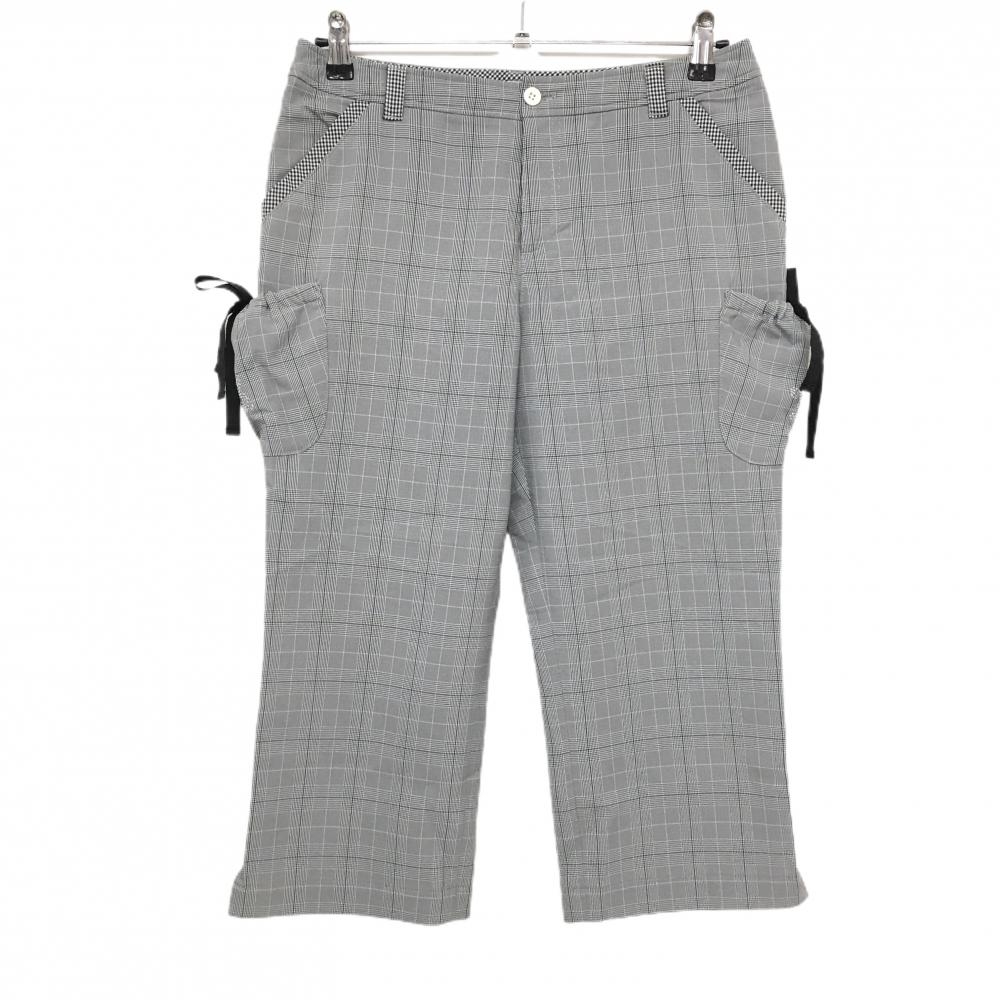 【美品】MUスポーツ 半端丈パンツ グレー×黒 チェック サイドポケット ラインストーン  レディース 44(XL) ゴルフウェア M・U SPORTS