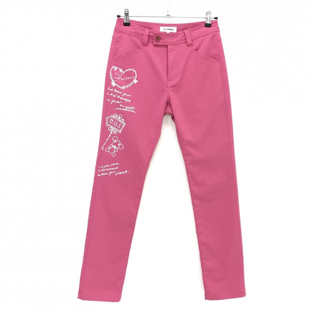 【美品】MUスポーツ パンツ ピンク×白 太腿プリント ストレッチ  レディース 38(S) ゴルフウェア M・U SPORTS