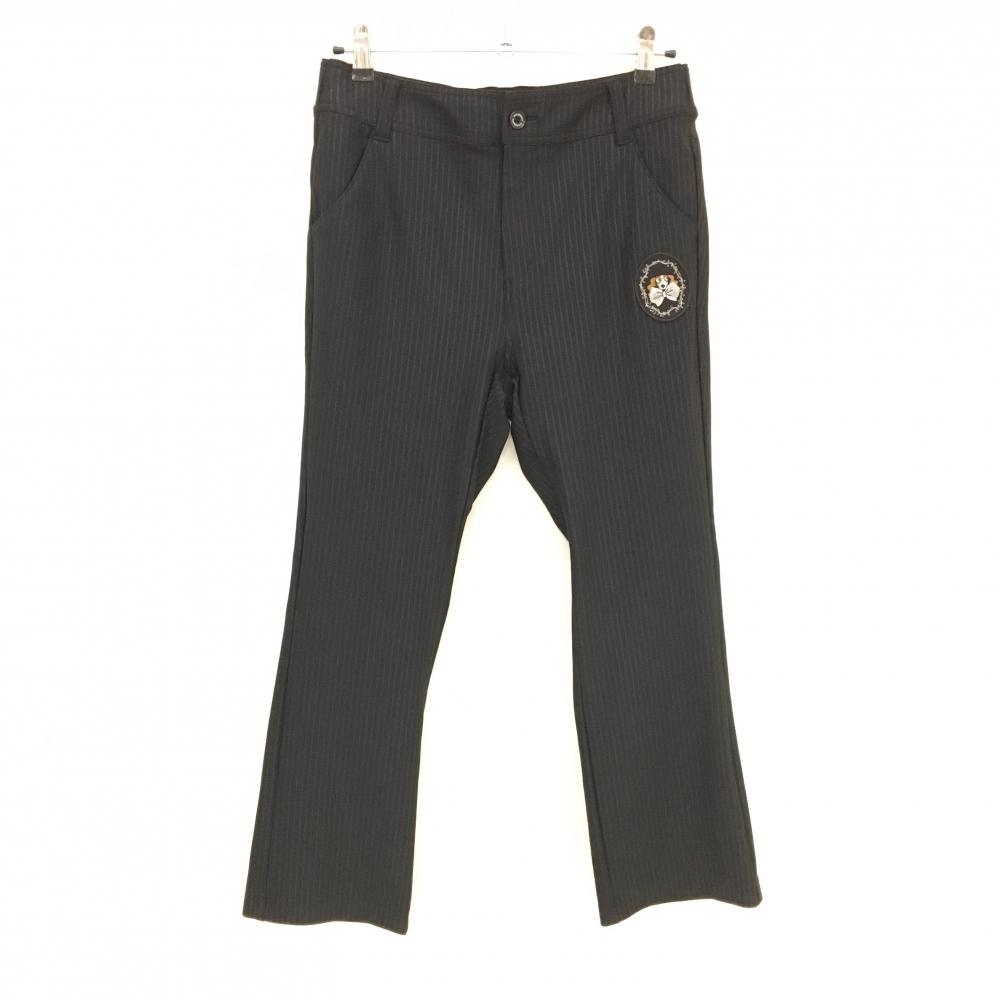【美品】MUスポーツ パンツ 黒 ストライプ地模様 ストレッチ ヒップポケットレース レディース 46(XXL) ゴルフウェア M・U SPORTS