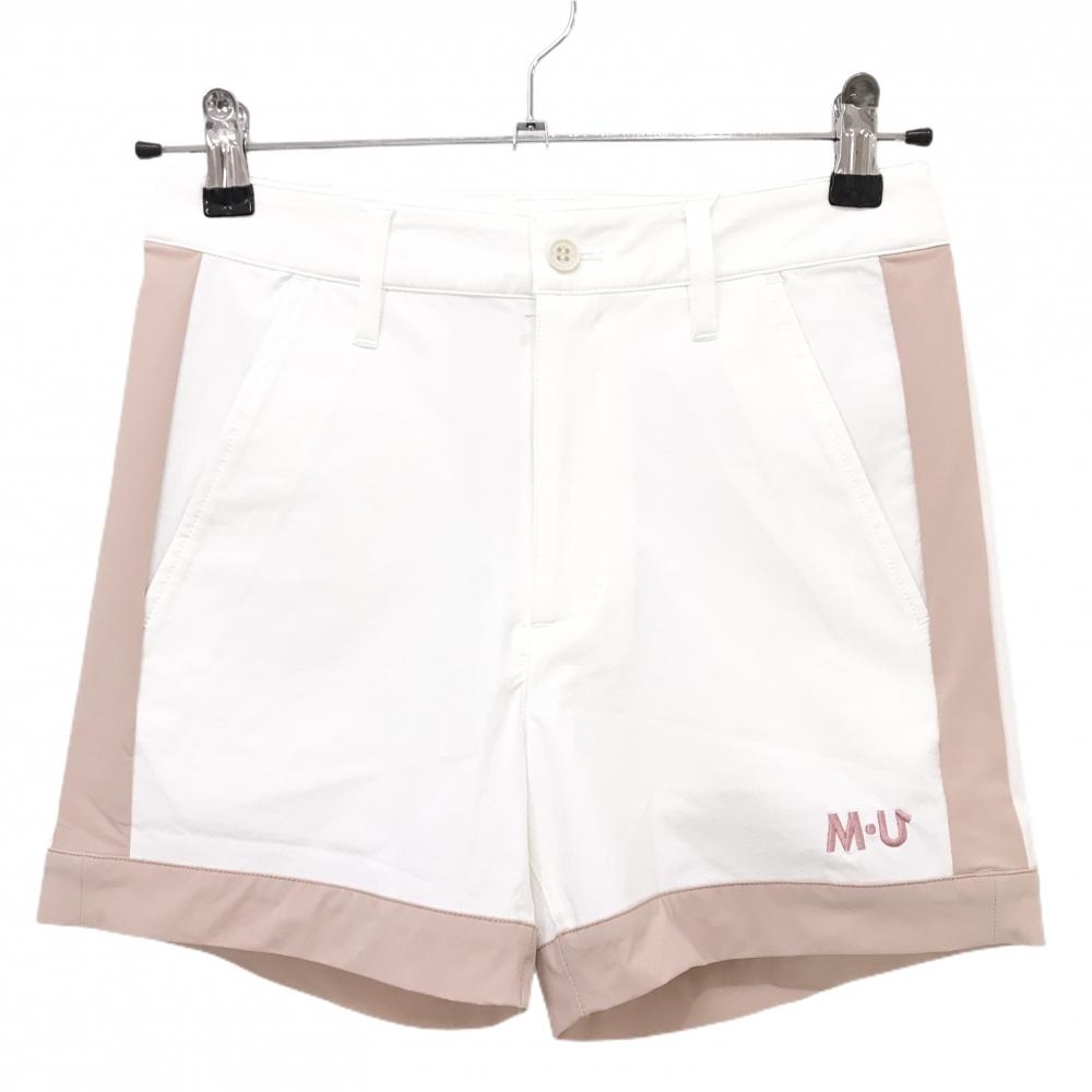 【新品】MUスポーツ ショートパンツ 白×ピンク バイカラー 裾ロゴ ボーンワッペン  レディース 44(XL) ゴルフウェア M・U SPORTS