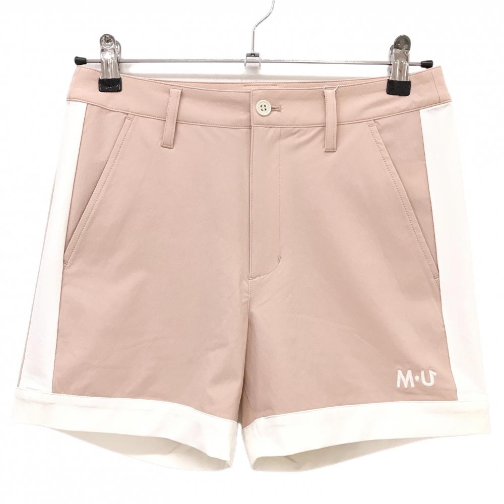 【新品】MUスポーツ ショートパンツ ピンク×白 バイカラー 裾ロゴ ボーンワッペン  レディース 40(M) ゴルフウェア M・U SPORTS