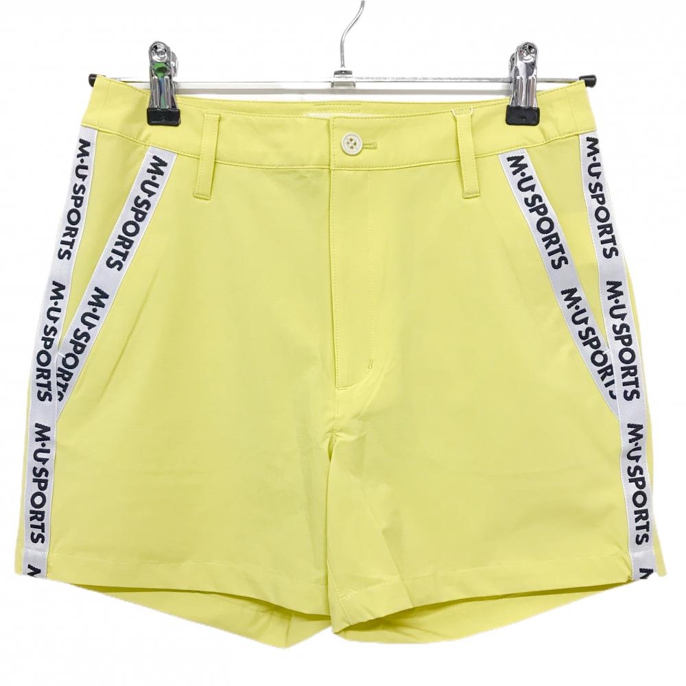 【新品】MUスポーツ ショートパンツ イエロー系×ライトグレー ロゴライン ボーンワッペン レディース 40(M) ゴルフウェア M・U SPORTS