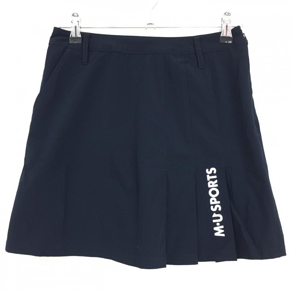 【超美品】MUスポーツ ナイロンスカート ネイビー×白 裏地付き 一部プリーツ レディース 40(M) ゴルフウェア M・U SPORTS