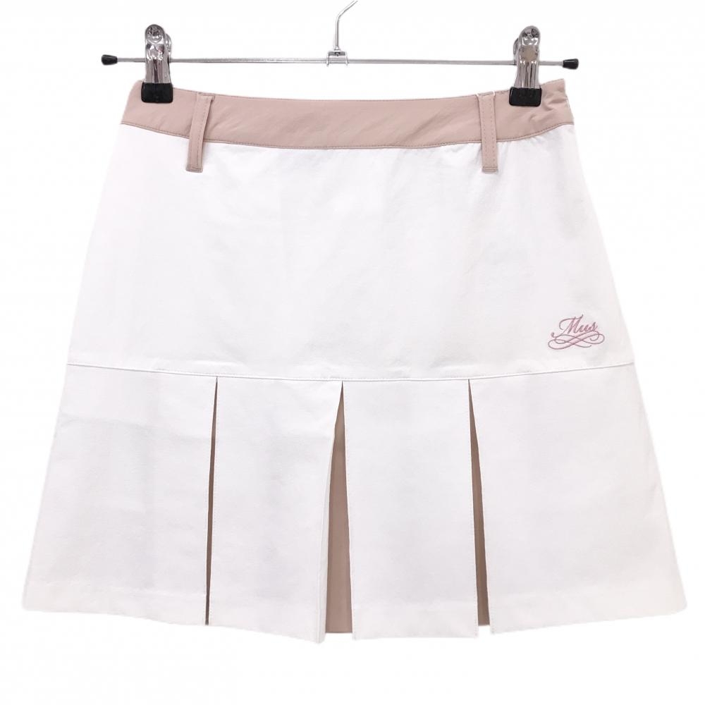 【新品】MUスポーツ プリーツスカート 白×ピンク バイカラー ボーンワッペン ストレッチ  レディース 44(XL) ゴルフウェア M・U SPORTS