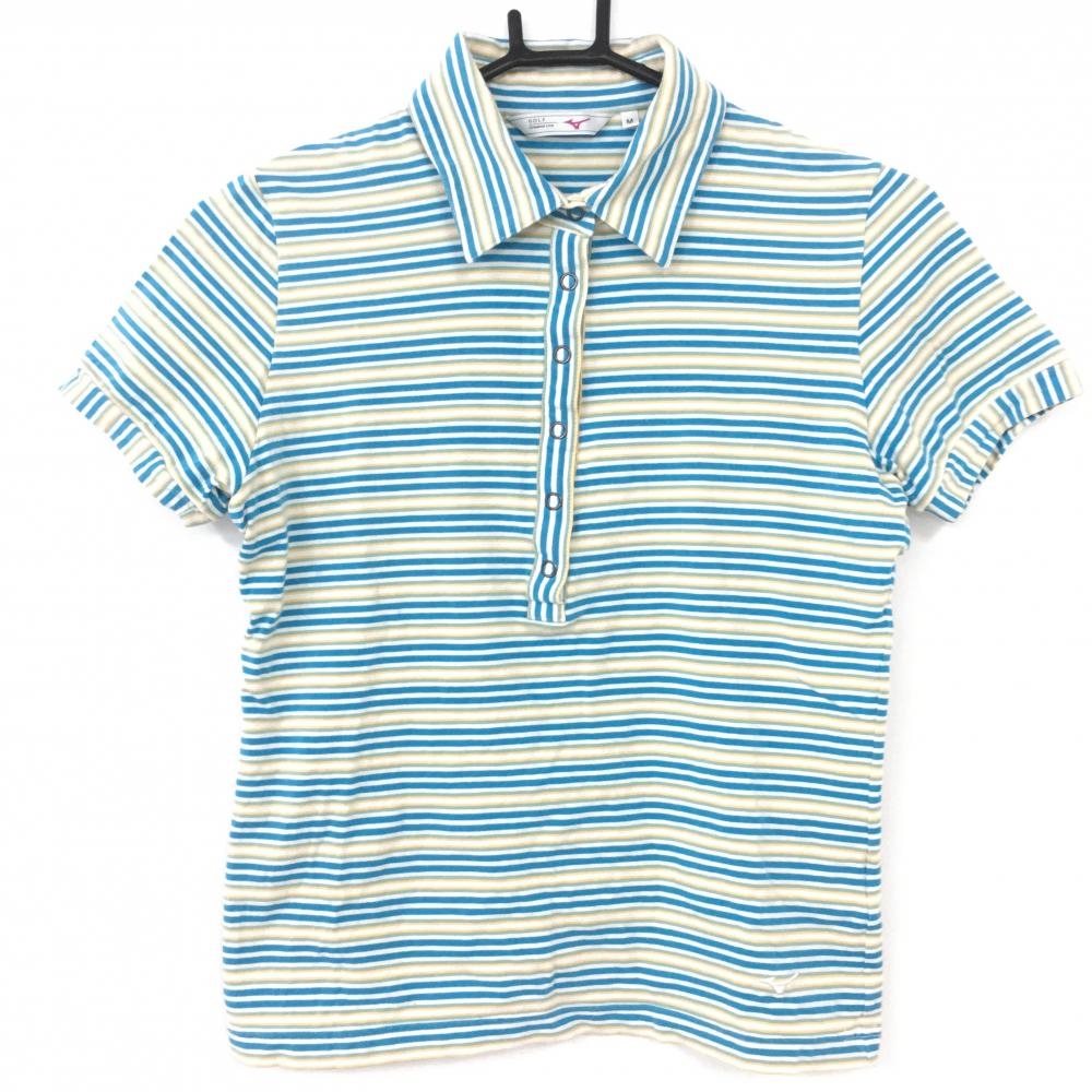 MIZUNO ミズノゴルフ 半袖ポロシャツ ライトブルー×白 ボーダー柄 スナップボタン 総柄 レディース M ゴルフウェア