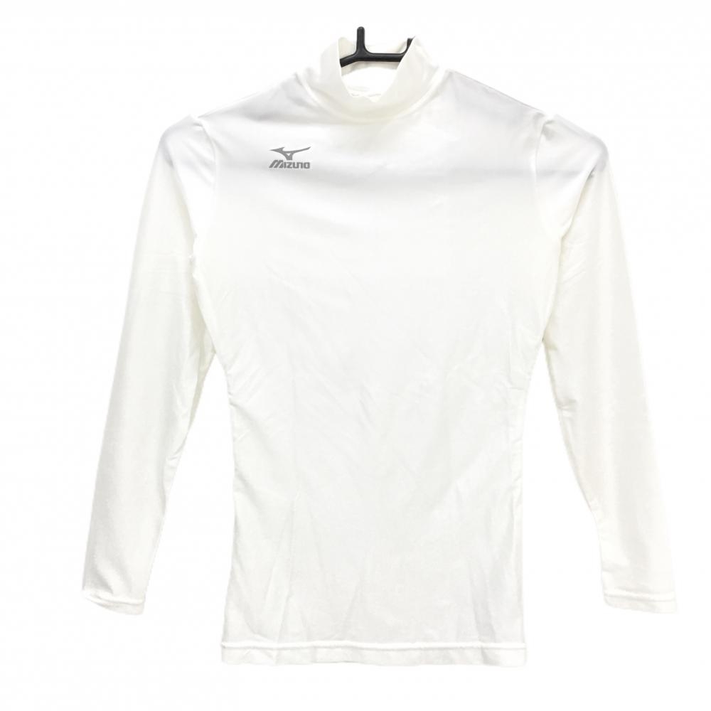 【超美品】ミズノ ハイネックインナーシャツ 白 ロゴプリント ストレッチ レディース M ゴルフウェア MIZUNO