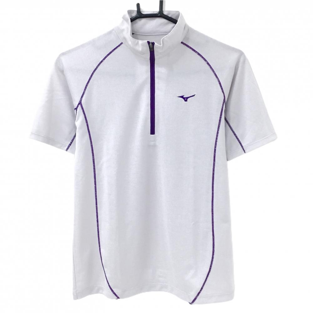 【超美品】ミズノ 半袖ハイネックシャツ グレー×パープル ハーフジップ ステッチ DRY レディース M ゴルフウェア MIZUNO