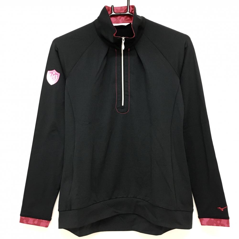 【超美品】ミズノ 長袖ハイネックシャツ 黒×ピンク ハーフジップ ネック内側・袖口総柄 レディース M ゴルフウェア MIZUNO 画像