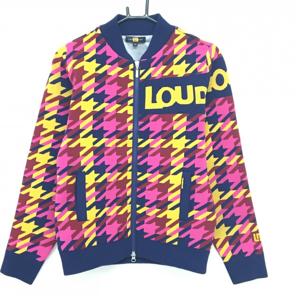 【超美品】ラウドマウス ニットジャケット ネイビー×イエロー 千鳥格子 身頃裏地付き レディース M ゴルフウェア LOUDMOUTH