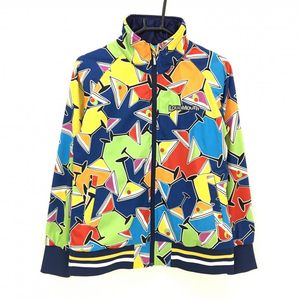 【美品】ラウドマウス ジャケット ネイビー×マルチカラー 総柄 裏起毛 グラス レディース LL ゴルフウェア LOUDMOUTH