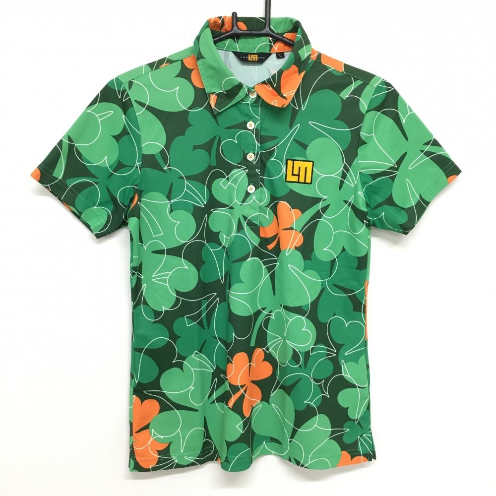 【超美品】ラウドマウス 半袖ポロシャツ グリーン×オレンジ ラッキーオレンジ柄 ロゴ刺しゅう レディース L ゴルフウェア LOUDMOUTH