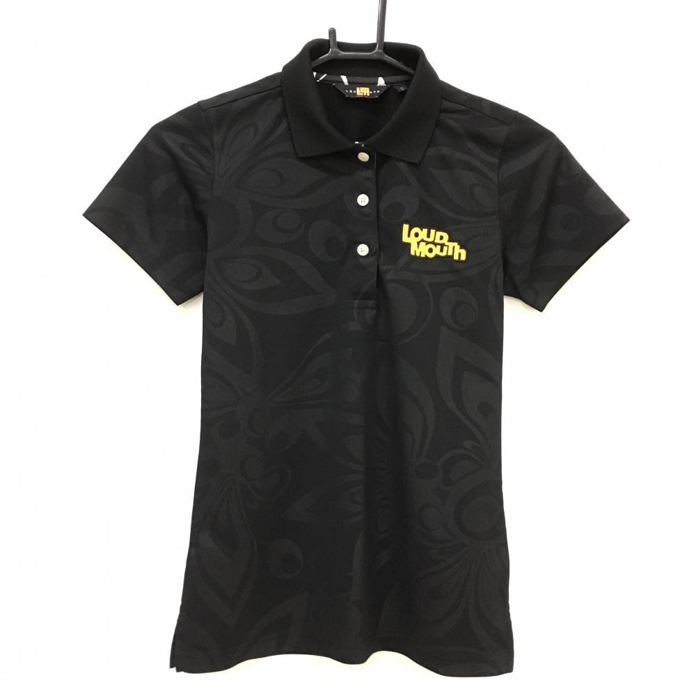 【超美品】ラウドマウス 半袖ポロシャツ 黒×オレンジイエロー 総柄 シャガデリック ロゴ刺しゅう レディース S ゴルフウェア LOUDMOUTH