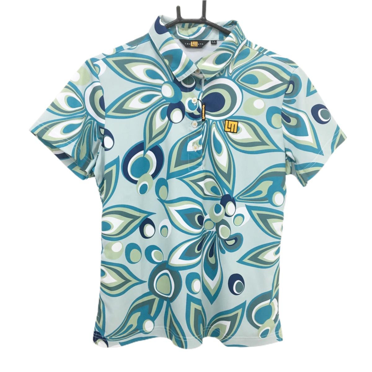 【新品】ラウドマウス 半袖ポロシャツ ライトブルー×ライトグリーン 総柄 ジャガデリック柄  レディース LL ゴルフウェア LOUDMOUTH