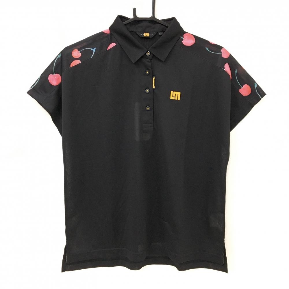 【新品】ラウドマウス 半袖ポロシャツ 黒×ピンク 肩サクランボ柄 レトロチェリーズ メッシュ調 レディース LL ゴルフウェア LOUDMOUTH