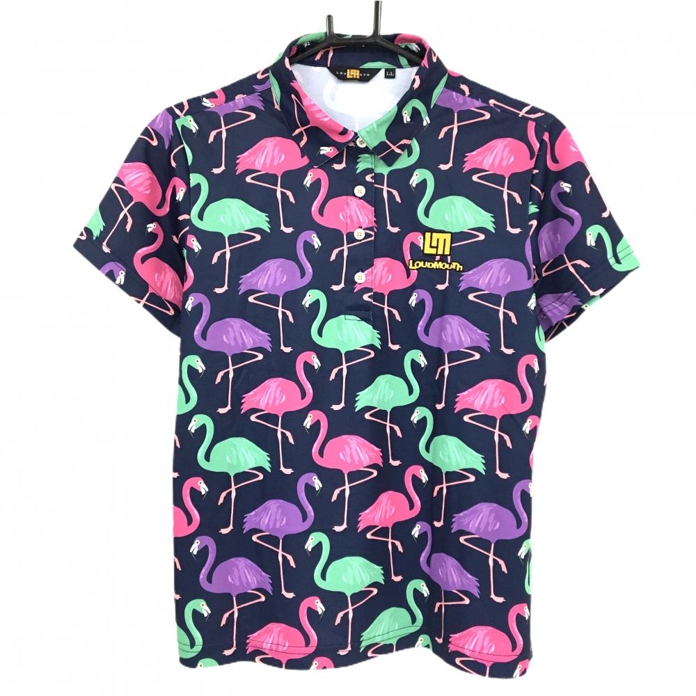 【美品】ラウドマウス 半袖ポロシャツ ネイビー×ピンク フラミンゴ総柄 ワイルドフラミンゴズ レディース LL ゴルフウェア LOUDMOUTH