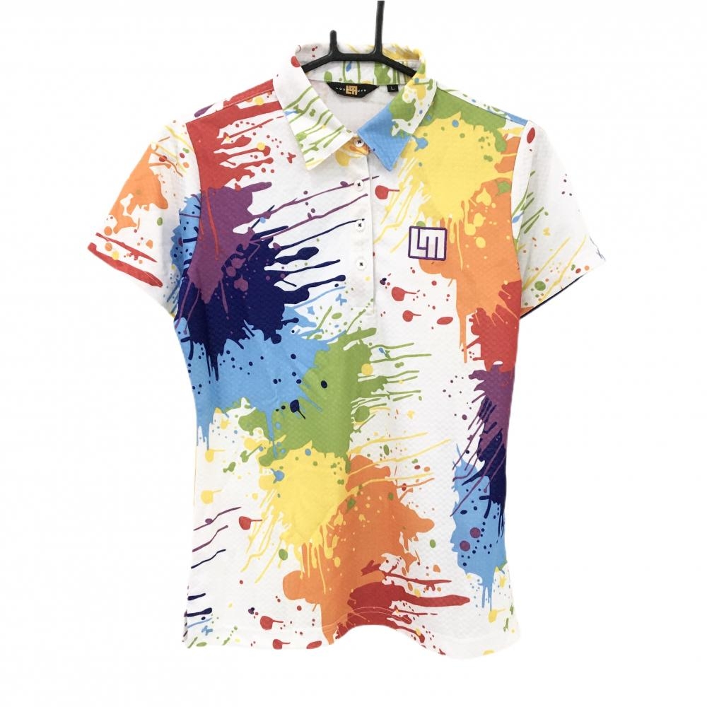 【超美品】ラウドマウス 半袖ポロシャツ 白×マルチカラー ドロップクロス 総柄 レディース L ゴルフウェア LOUDMOUTH