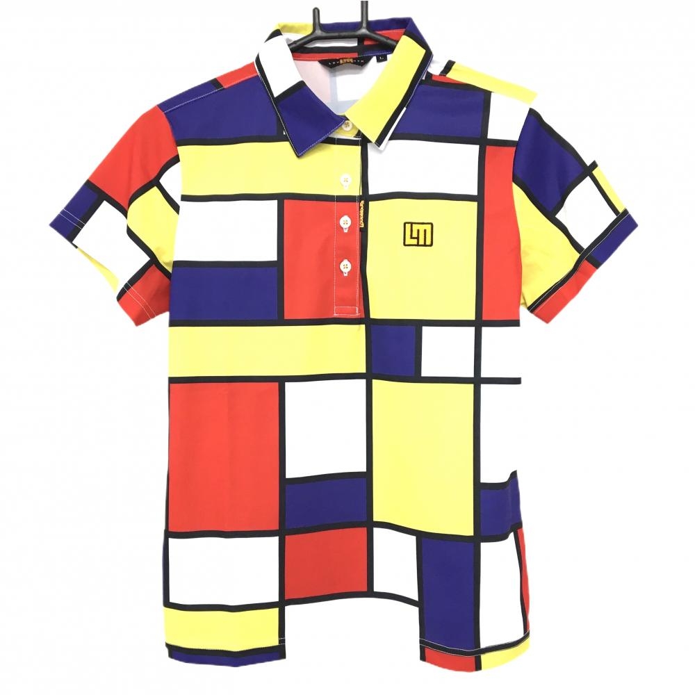 【超美品】ラウドマウス 半袖ポロシャツ 白×レッド×イエロー スクエア総柄 ダッチトリート  レディース L ゴルフウェア LOUDMOUTH