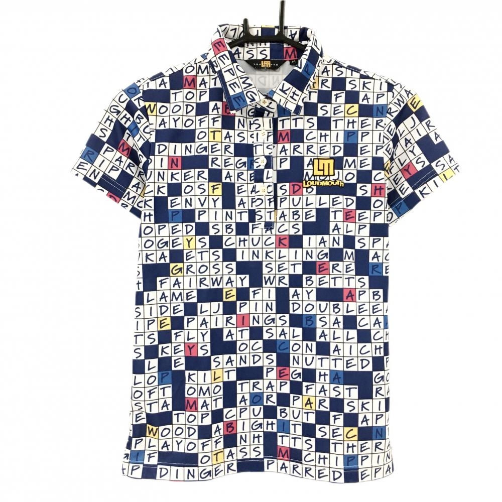 【美品】ラウドマウス 半袖ポロシャツ 白×ネイビー ゴルフワードパズルネイビー柄 ロゴ刺しゅう レディース M ゴルフウェア LOUDMOUTH