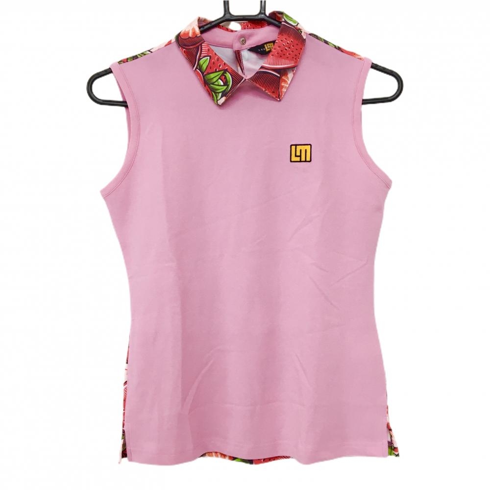 【美品】ラウドマウス 襟付きノースリーブシャツ ピンク×レッド ビンテージストロベリーズ柄 レディース M ゴルフウェア LOUDMOUTH