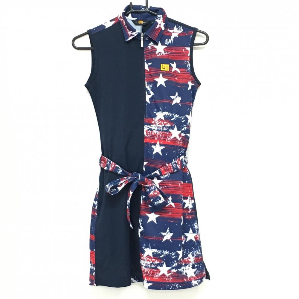 【超美品】ラウドマウス ノースリーブポロワンピース ネイビー×レッド プリマスロック柄 星  レディース S ゴルフウェア LOUDMOUTH