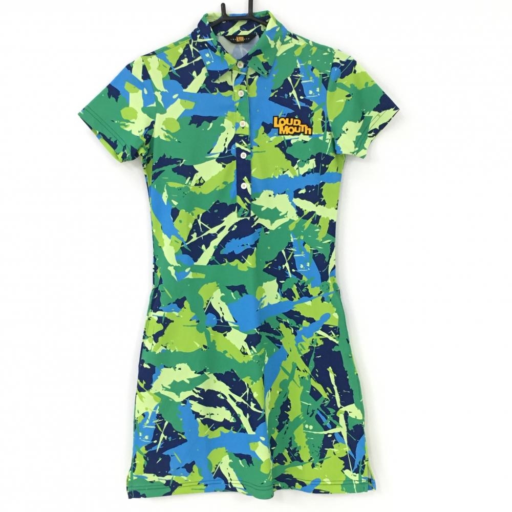 【超美品】ラウドマウス 半袖ポロワンピース グリーン×ネイビー 総柄 グランドアンダーリペア― レディース S ゴルフウェア LOUDMOUTH
