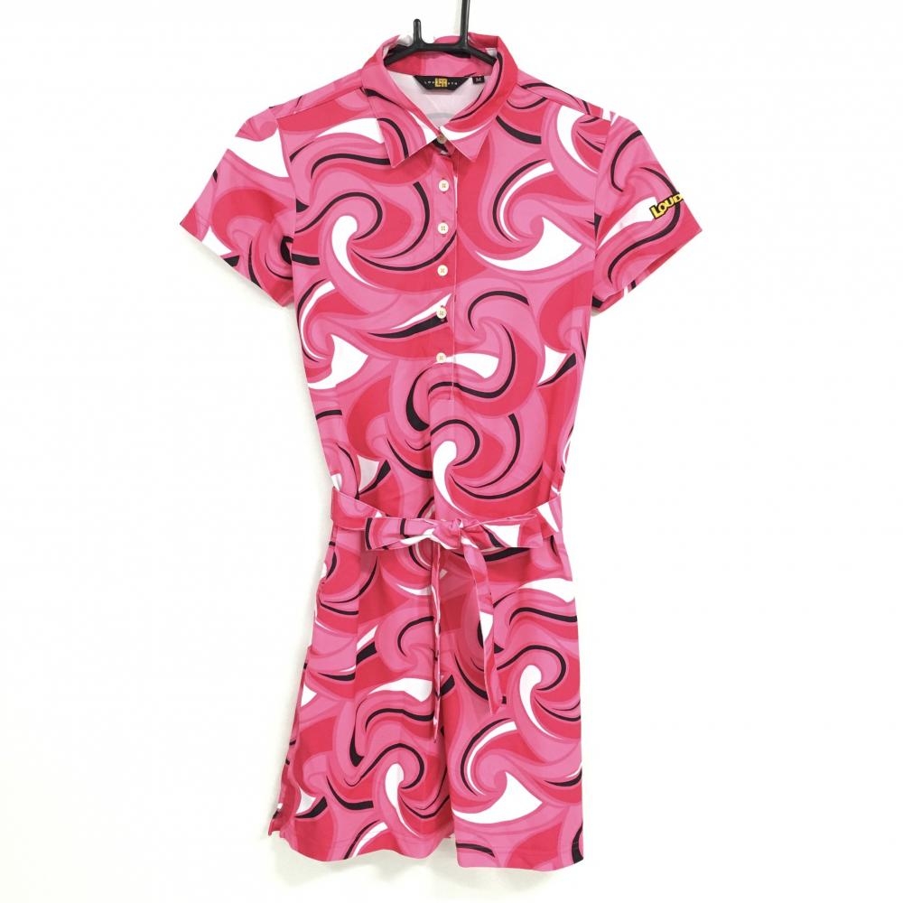 ラウドマウス 半袖ポロワンピース ピンク×白 総柄 ストロベリーショートゲーム 共布ベルト付 レディース M ゴルフウェア LOUDMOUTH