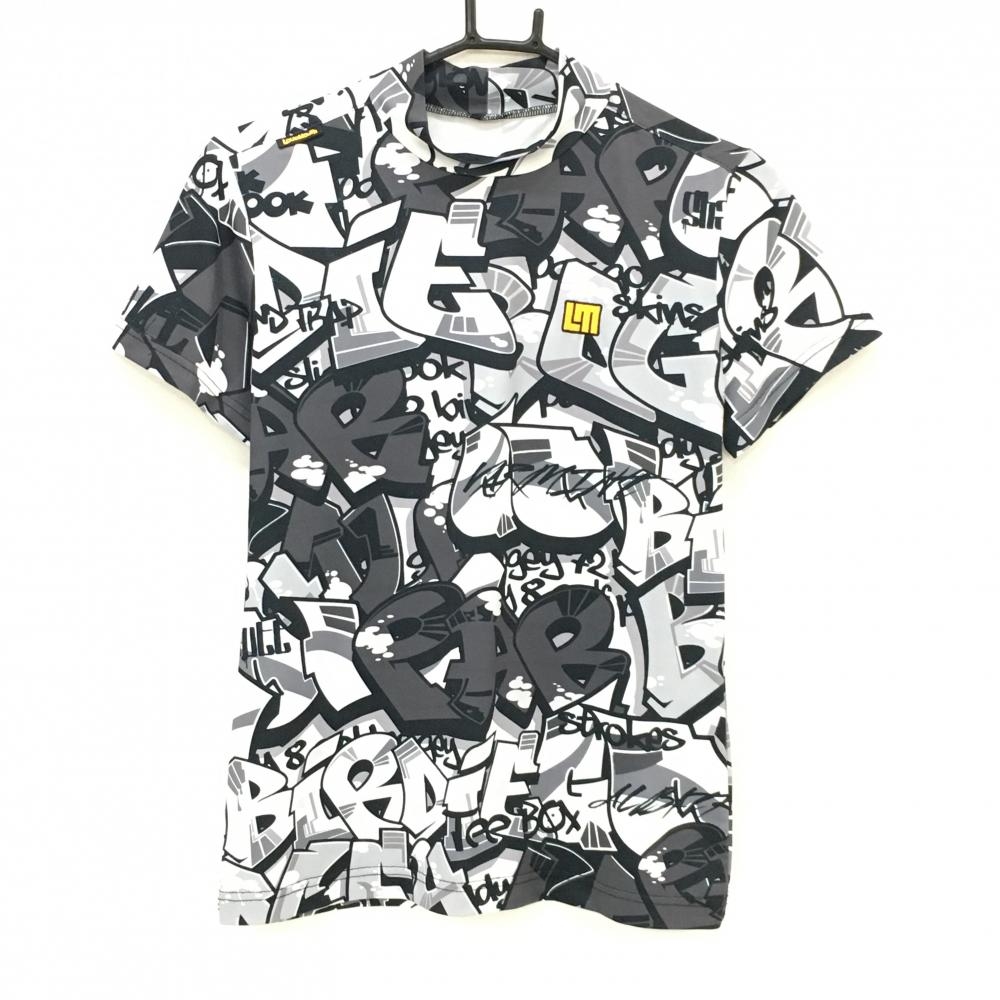 ラウドマウス 半袖ハイネックシャツ 白×グレー×黒 タグズブラック柄 ストレッチ レディース L ゴルフウェア LOUDMOUTH