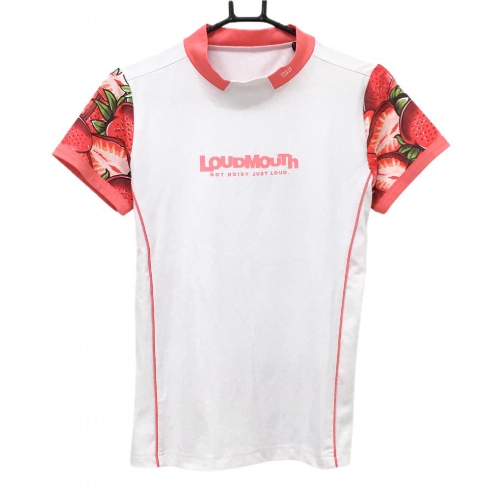 【美品】ラウドマウス 半袖ハイネックシャツ 白×レッド ビンテージストロベリーズ柄 フロントロゴ レディース L ゴルフウェア LOUDMOUTH