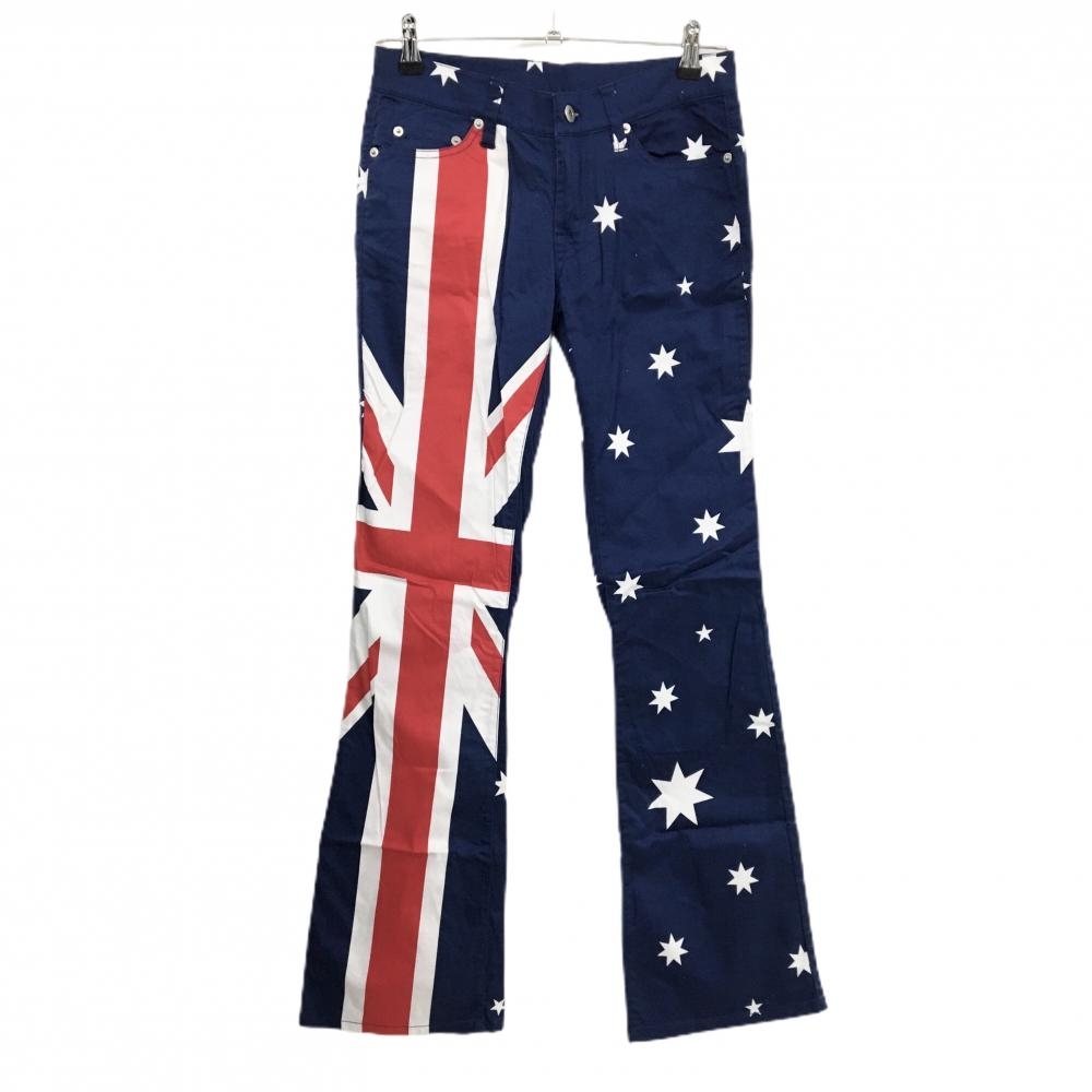 【美品】ラウドマウス パンツ ネイビー×白 総柄 国旗 星柄  レディース US-2 ゴルフウェア LOUDMOUTH
